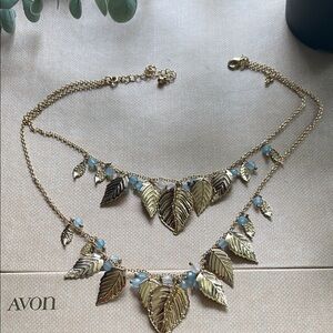 Boho Botanical Layered Gold Tone Necklace | Engraved Leaves Blue Beads | NIB N50